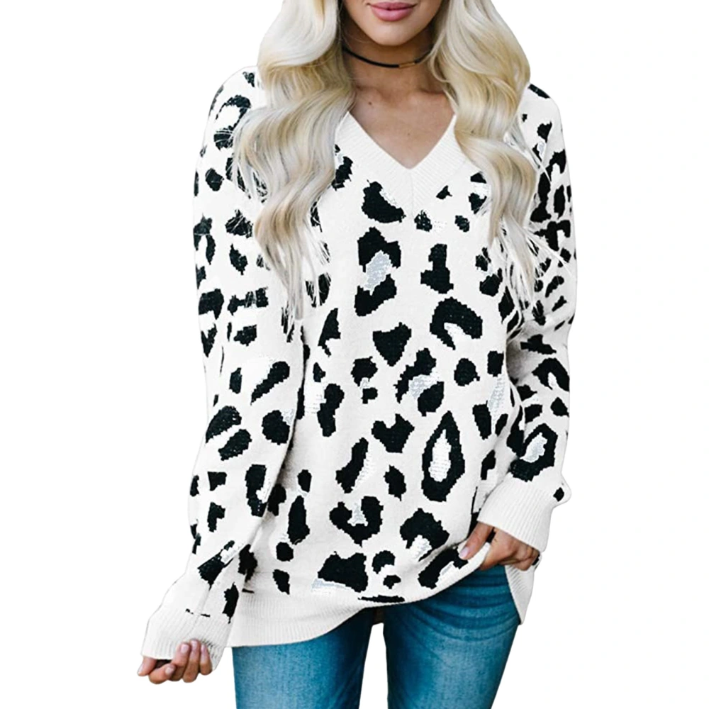 Woman V Neck Leopard Blouse Long Sleeve Leopard Printed Leisure Pullover Blouse Fashionable Top for Daily Life White XL