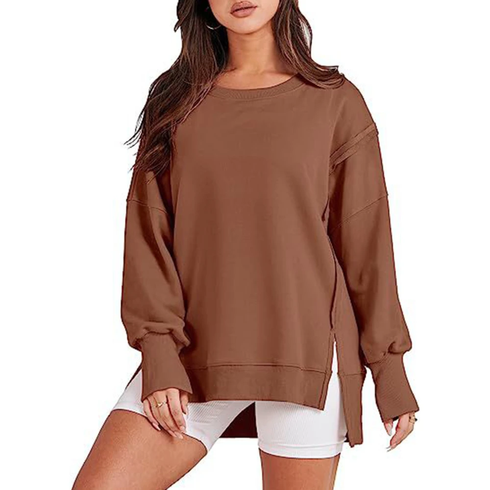 Side Split High Low Hem Sweatshirt Round Neck Drop Shoulder Sleeve Pullover Long Sleeve Leisure Top Sweatshirt for Woman Coffee XL