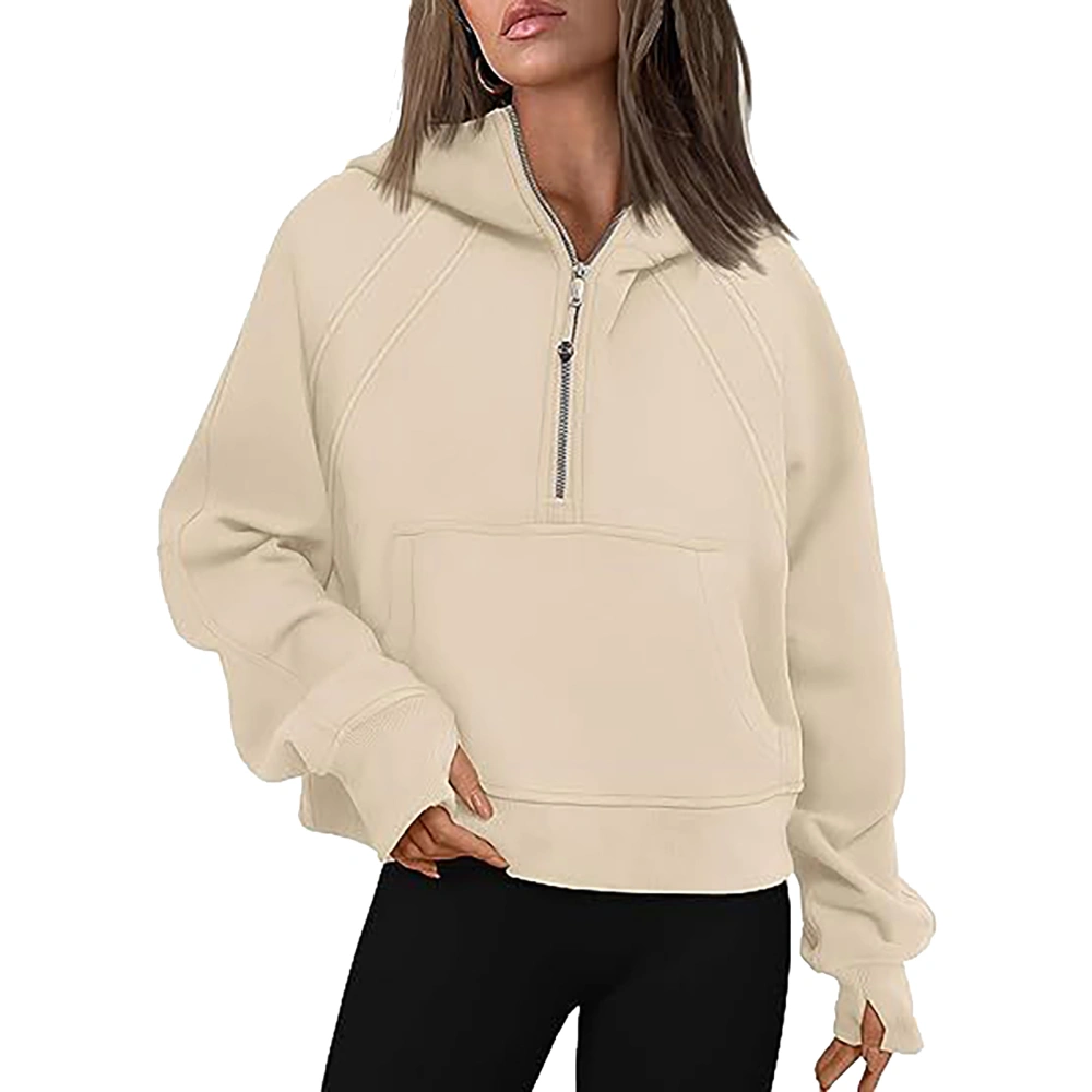 Half Zipper Hooded Pullover Turn Down Collar Long Sleeve Pocket Half Zipper Pullover for Women Beige M