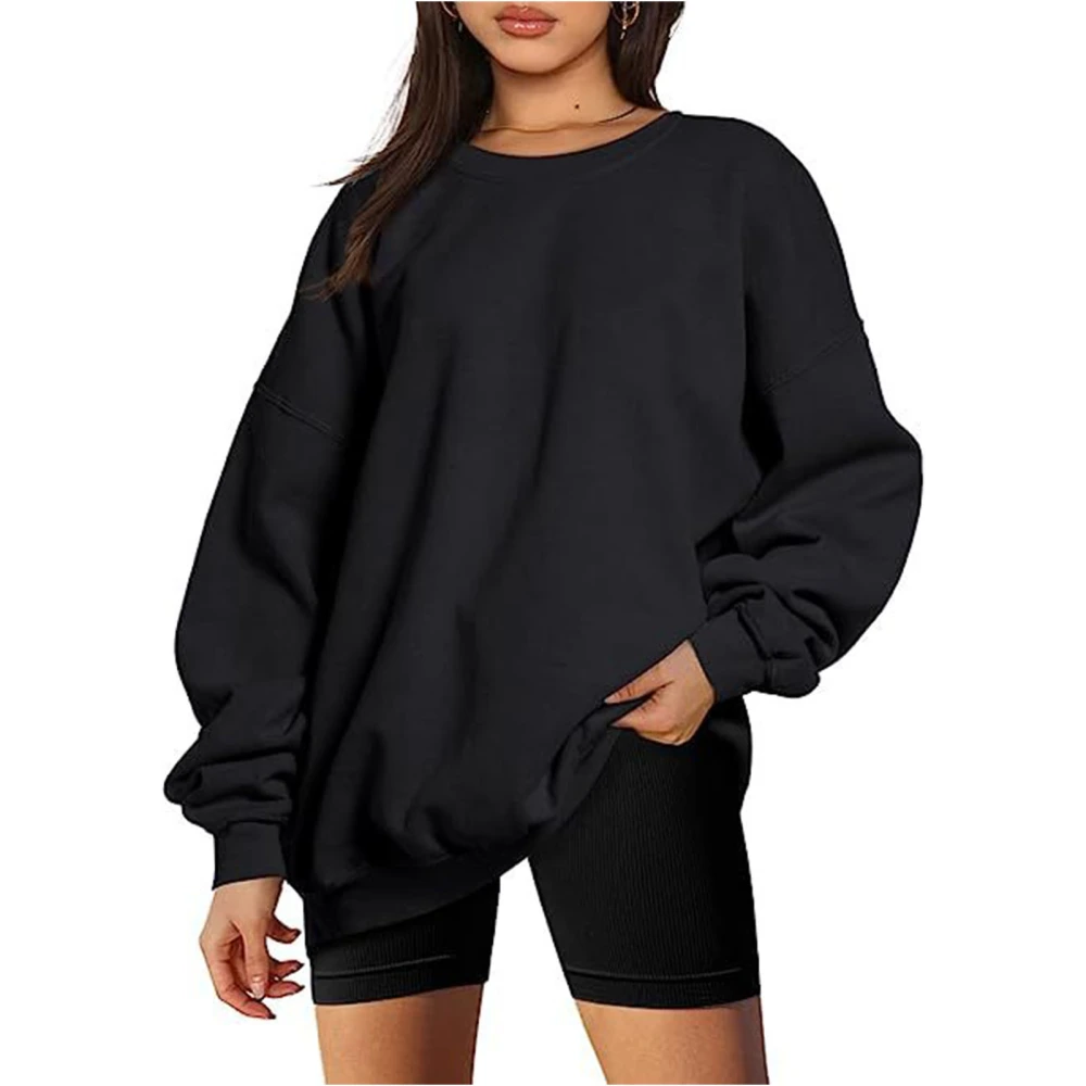 Women Sweatshirt Round Neck Pullover Loose Casual Oversized Style Drop Shoulder Pure Color Top for Office School Black L