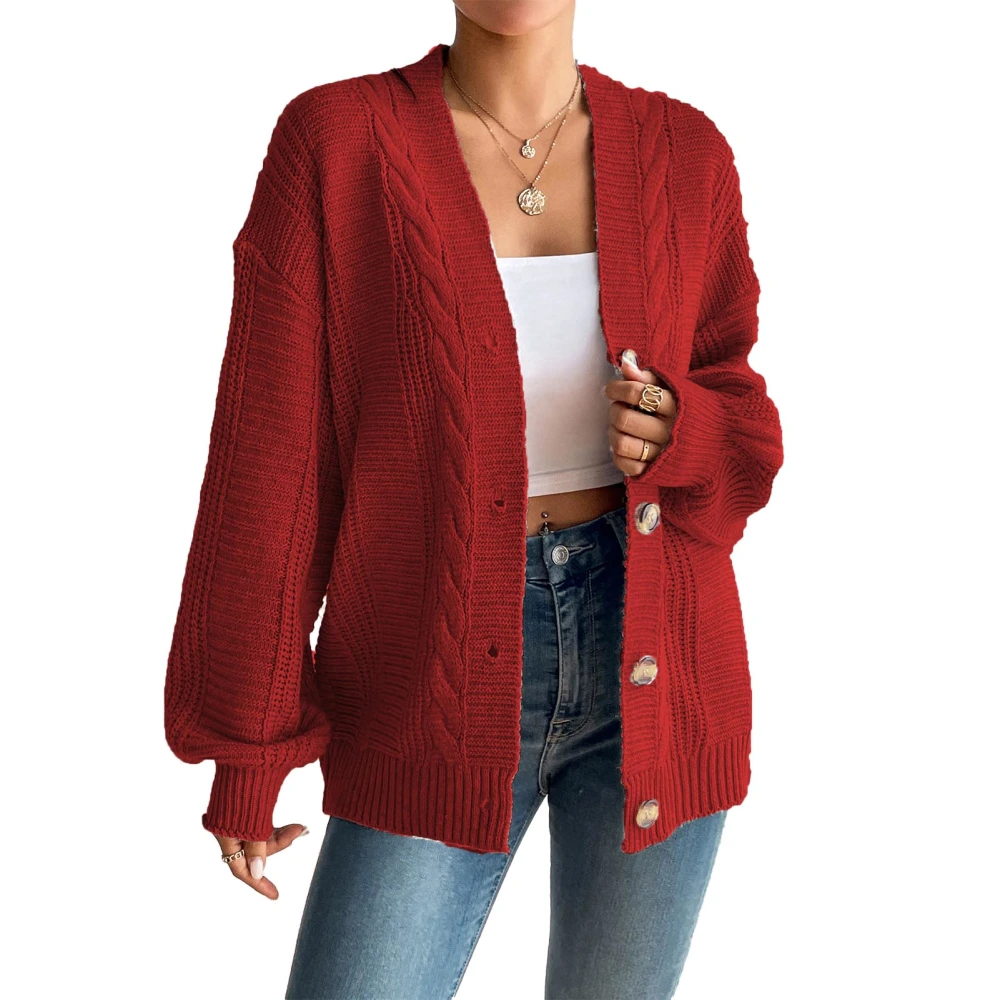 Women Sweater Coat Long Sleeves Button Down Open Front Pure Color Cable Knit Drop Shoulder for Fall Outdoor Red M