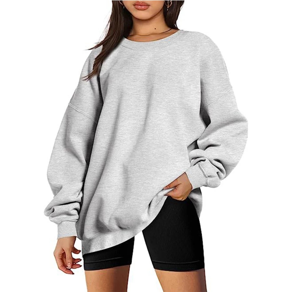 Women Sweatshirt Round Neck Pullover Loose Casual Oversized Style Drop Shoulder Pure Color Top for Office School Light Gray XL