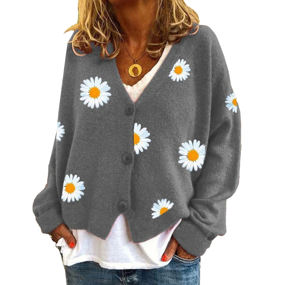 Women Long Sleeve Knit Cardigan Button Down Flower Patterned V Neck Regular Fit Knit Sweater for Office Dating Job Grey M