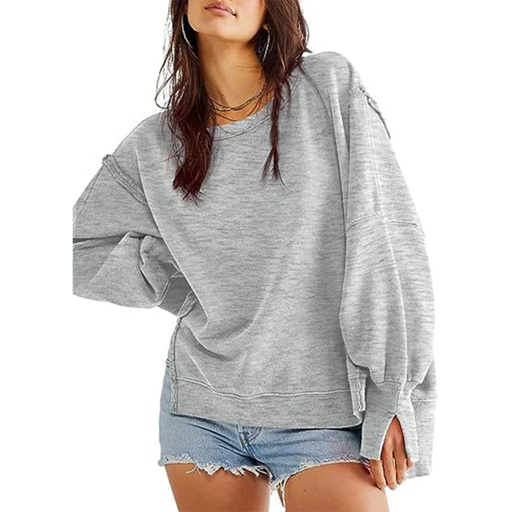 Side Split High Low Hem Sweatshirt Round Neck Drop Shoulder Sleeve Pullover Long Sleeve Leisure Top Sweatshirt for Woman Light Gray L