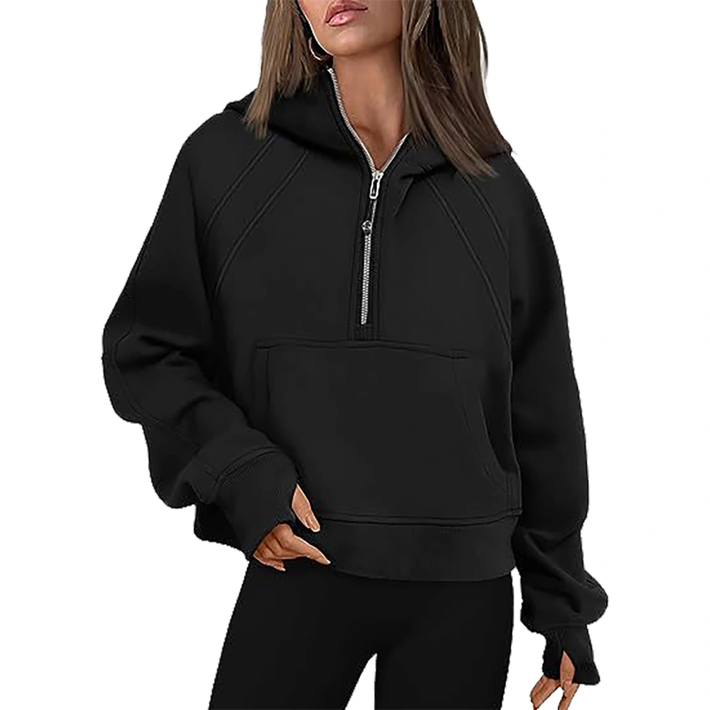 Half Zipper Hooded Pullover Turn Down Collar Long Sleeve Pocket Half Zipper Pullover for Women Black XL