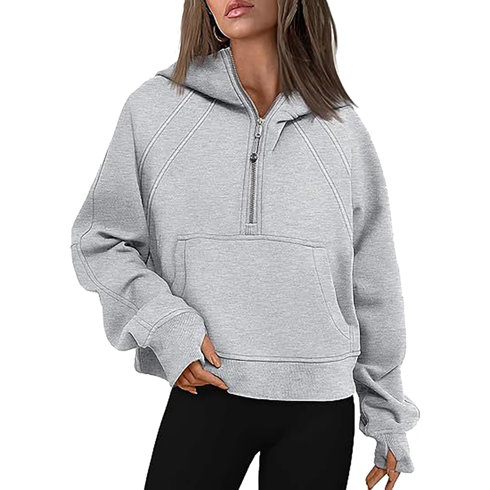 Half Zipper Hooded Pullover Turn Down Collar Long Sleeve Pocket Half Zipper Pullover for Women Light Gray S