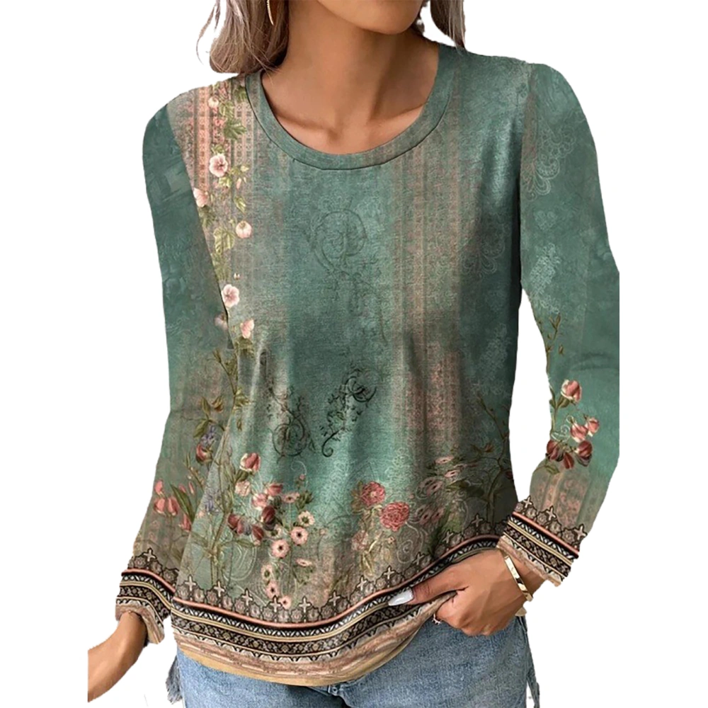 Round Neck Floral Blouse Long Sleeve Fashionable Casual Fitted Floral Printed Blouse for Women Green XL