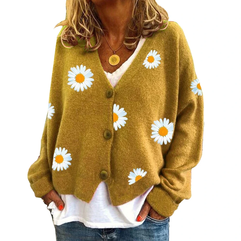 Women Long Sleeve Knit Cardigan Button Down Flower Patterned V Neck Regular Fit Knit Sweater for Office Dating Job Yellow L