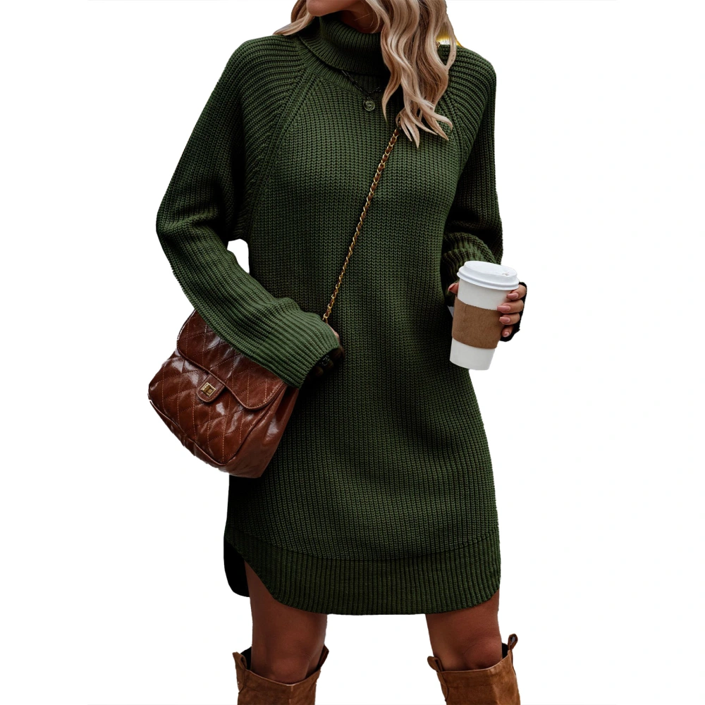 Women Sweater Dress Pure Color High Neck Long Sleeves Knit Dress One Piece for Fall Winter Green L