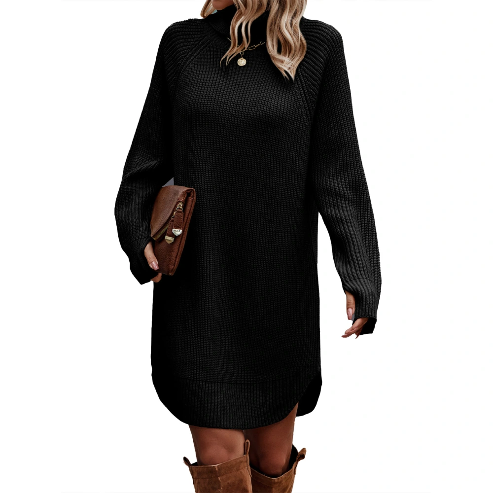 Women Sweater Dress Pure Color High Neck Long Sleeves Knit Dress One Piece for Fall Winter Black XL