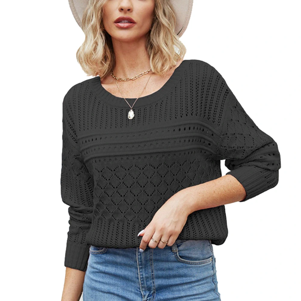 Women Knit Shirt Hollow Out Long Sleeve Top Round Neck Casual Sweater for Autumn and Winter Black XL