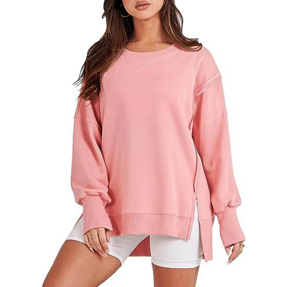 Side Split High Low Hem Sweatshirt Round Neck Drop Shoulder Sleeve Pullover Long Sleeve Leisure Top Sweatshirt for Woman Pink XL