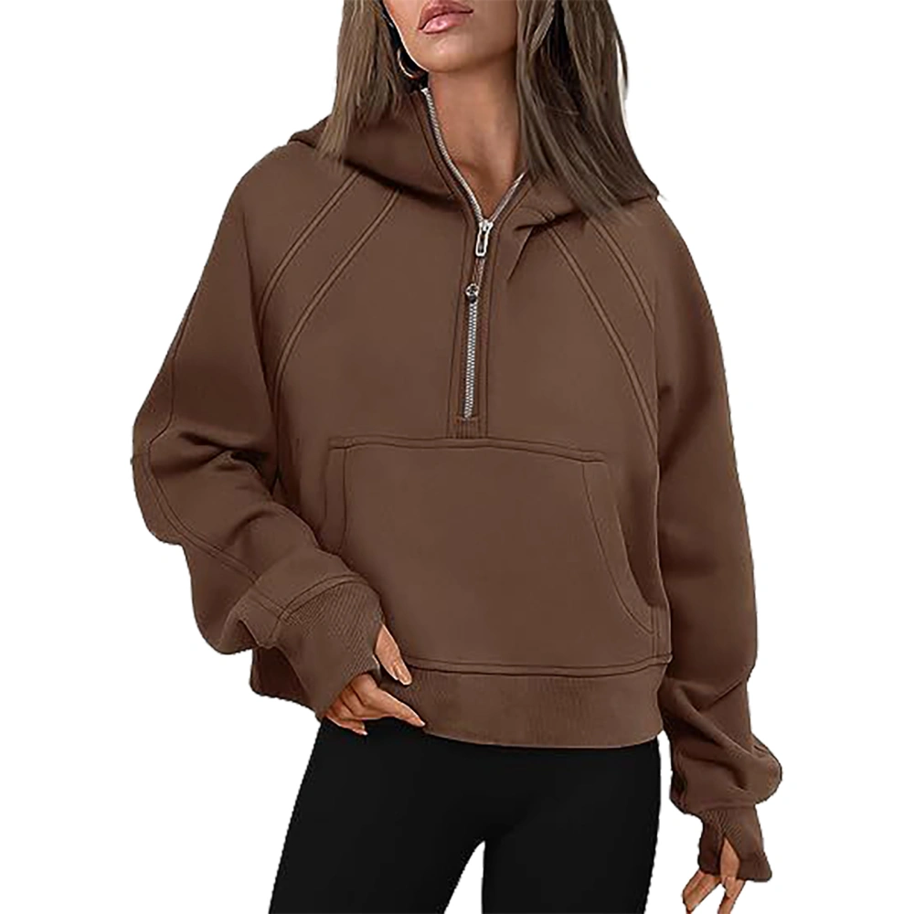 Half Zipper Hooded Pullover Turn Down Collar Long Sleeve Pocket Half Zipper Pullover for Women Brown S