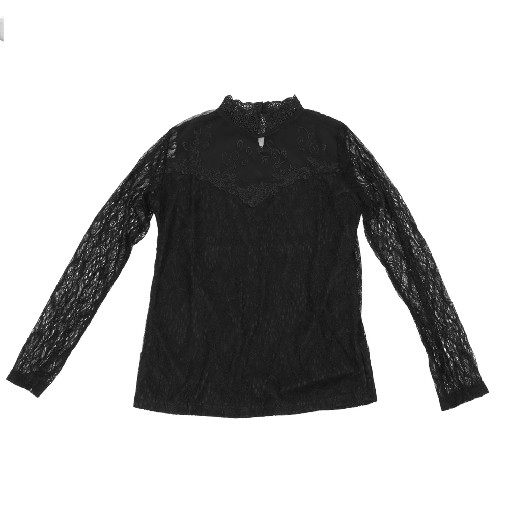 Women Long Sleeves Top Lace Splicing Exquisite Embroidery Half Collar Slim Fitting Blouses Black 2XL