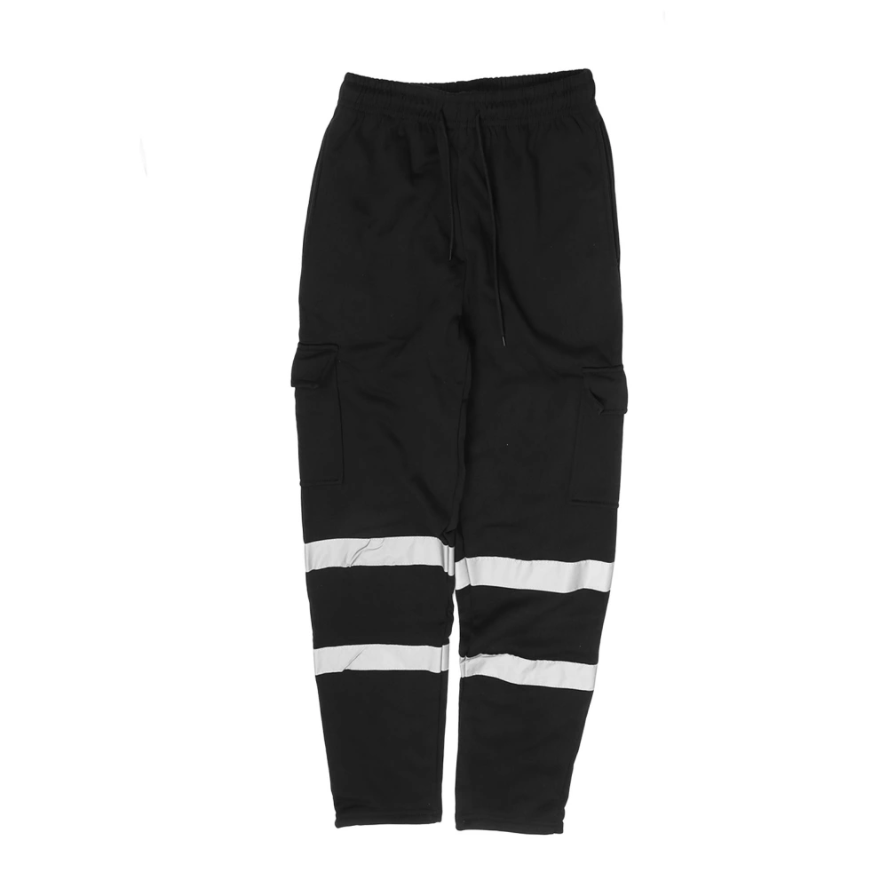 Men Casual Long Pants Reflective Stripes Multi Pockets Cotton High Visibility Trousers for Sanitation Worker Black L