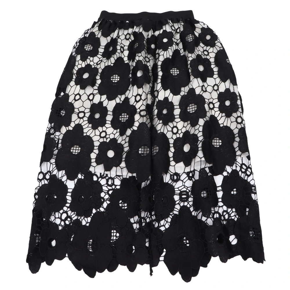 Women Hollow Out Lace Midi Skirt Floral Lace High Waisted A Line Elegant Maxi Long Skirt Black XL