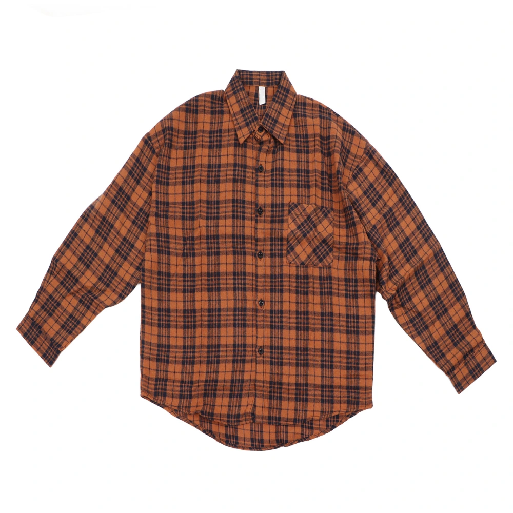 Long Sleeve Button Up Shirt Men Casual Fashionable Turn Down Collar Plaid Shirt with Chest Pocket Orange XL