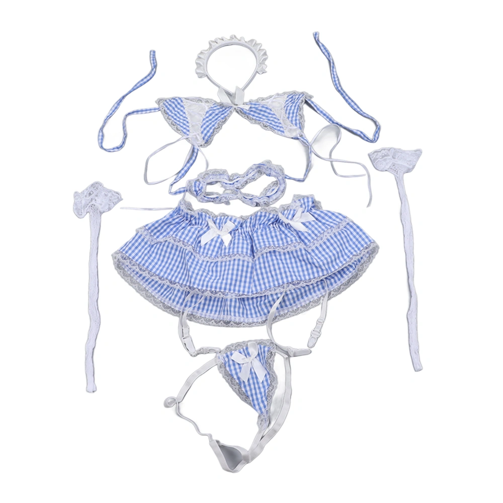 Lace Lingerie Cute Charming Backless Comfortable Elastic Eye Catching Bow Uniform Set for Home Hotel Light Blue Free Size