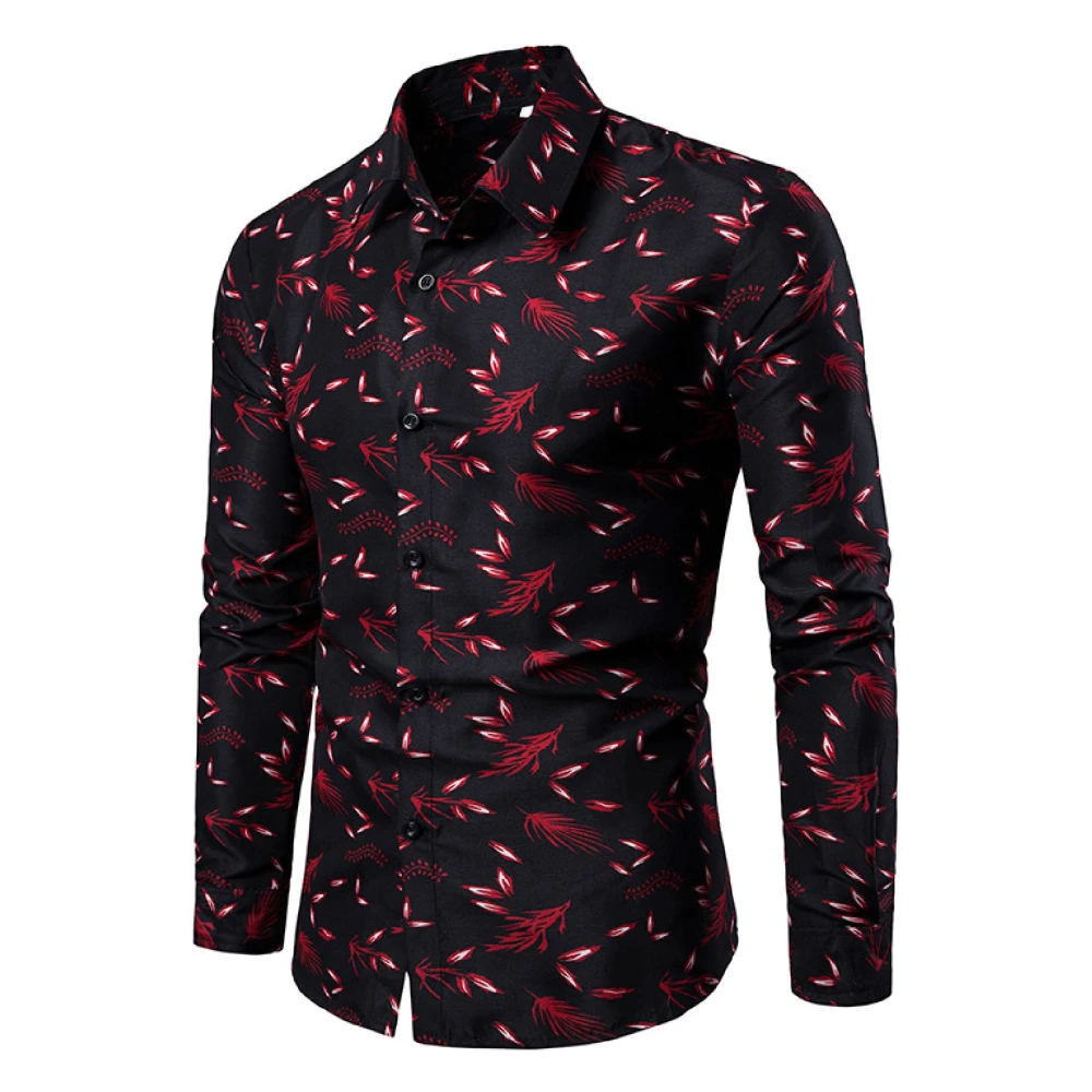 Men Long Sleeve Button Shirt Turn Down Collar Button Up Stylish Printed Beach Shirt for Leisure Vacation Wine Red 2XL