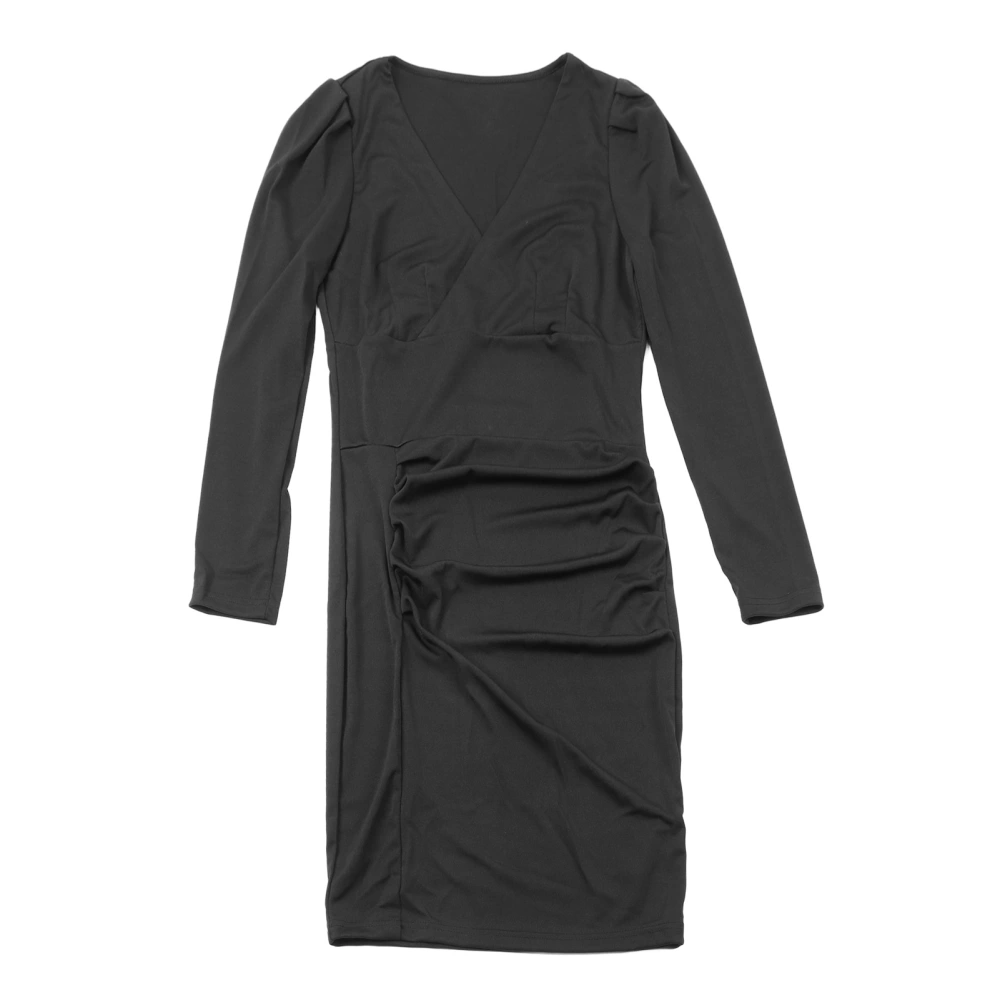 Women Wrap V Neck Dress Long Sleeves Medium Length Stylish Slim Waist Dress for Daily Wear Black L