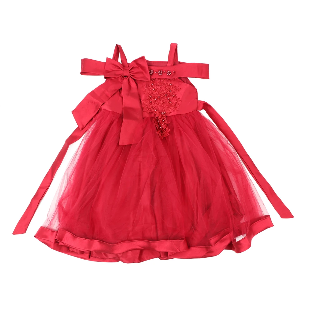 Little Girls Pageant Dress Off Shoulder Large Bowknot Floral Embroidery Mesh Elegant Kids Party Ball Gown Jujube Red 140cm