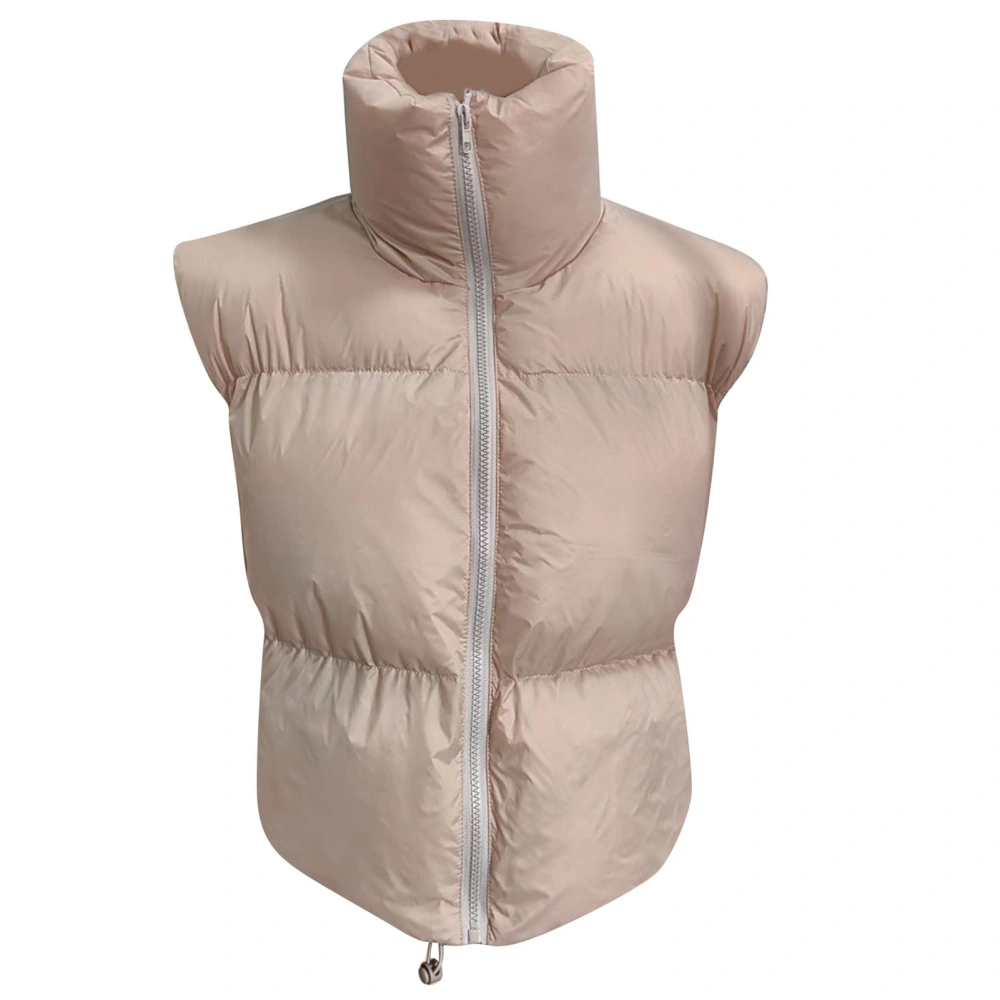 Women Winter Padded Vest Full Zip Up Stand Collar Lightweight Adjustable Drawstring Puffer Vest Apricot M