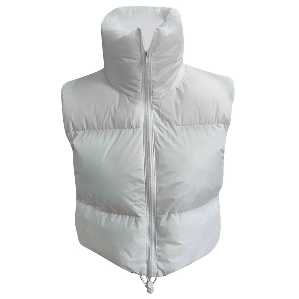 Women Winter Padded Vest Full Zip Up Stand Collar Lightweight Adjustable Drawstring Puffer Vest White M