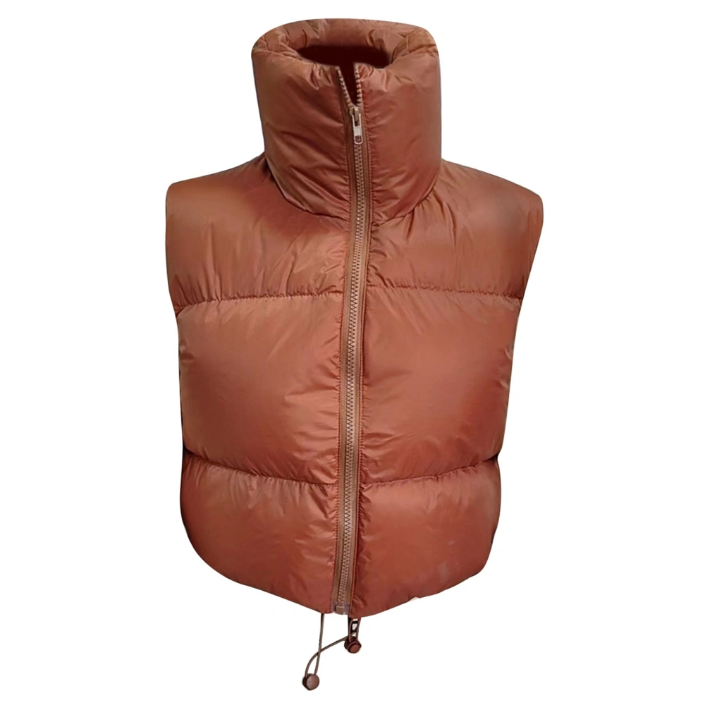 Women Winter Padded Vest Full Zip Up Stand Collar Lightweight Adjustable Drawstring Puffer Vest Coffee Color XXL