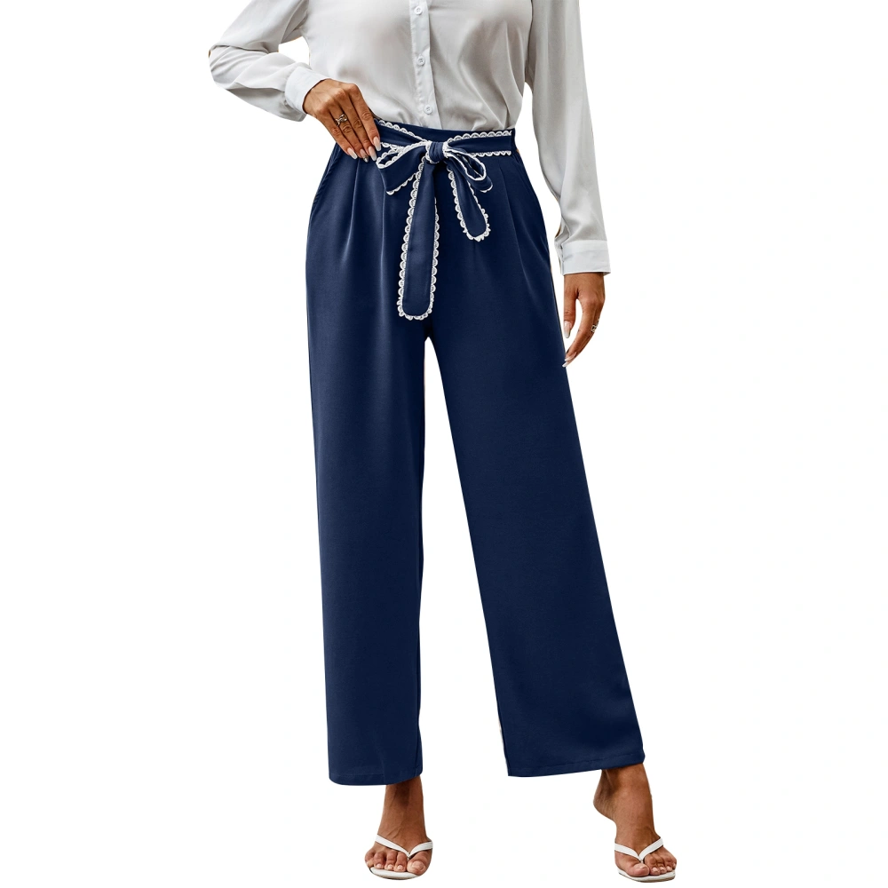 Wide Leg Pants Women Casual Elastic with Pocket Bow Tie Solid Color Polyester for Office Daily Life Purplish Blue L