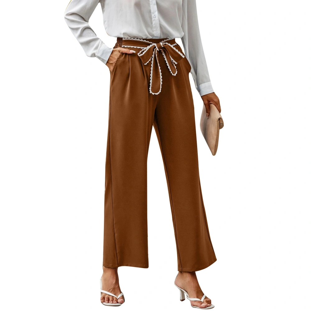 Wide Leg Pants Women Casual Elastic with Pocket Bow Tie Solid Color Polyester for Office Daily Life Brown M