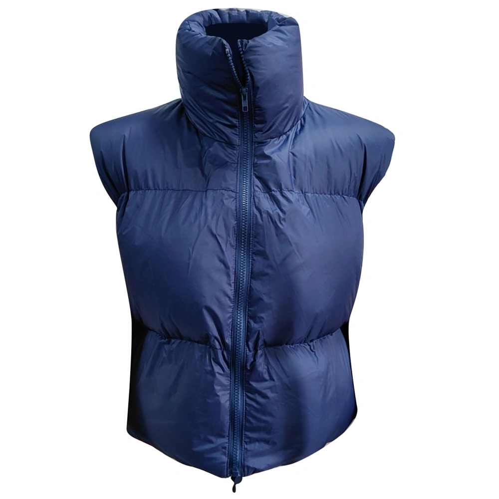 Women Winter Padded Vest Full Zip Up Stand Collar Lightweight Adjustable Drawstring Puffer Vest Purplish Blue L