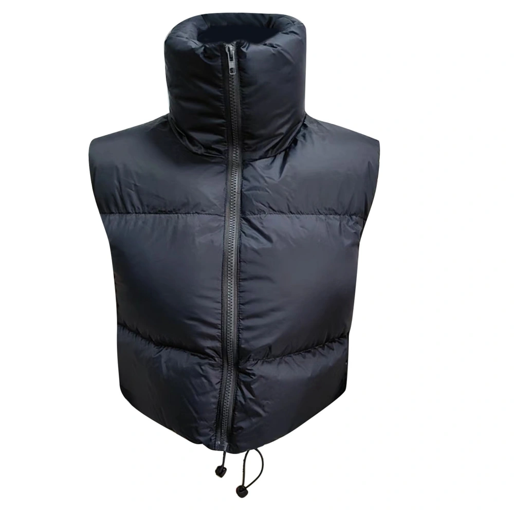 Women Winter Padded Vest Full Zip Up Stand Collar Lightweight Adjustable Drawstring Puffer Vest Black M