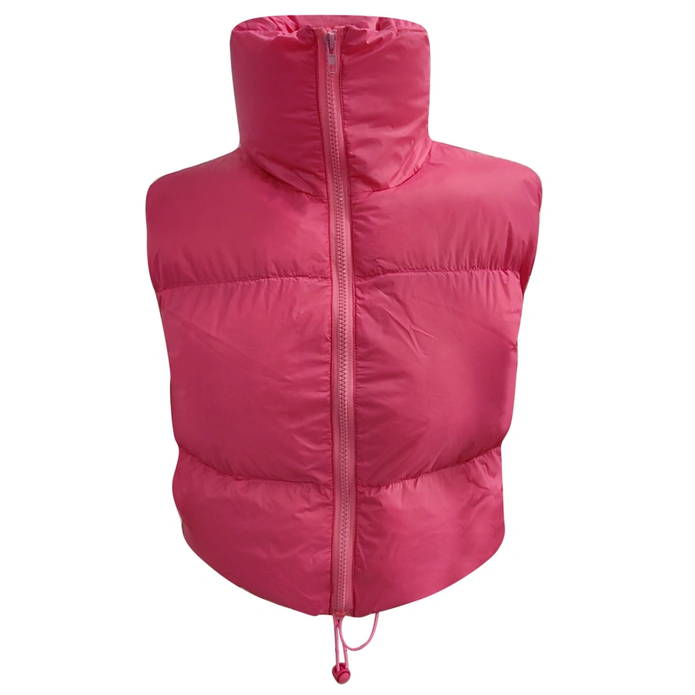 Women Winter Padded Vest Full Zip Up Stand Collar Lightweight Adjustable Drawstring Puffer Vest Pink S