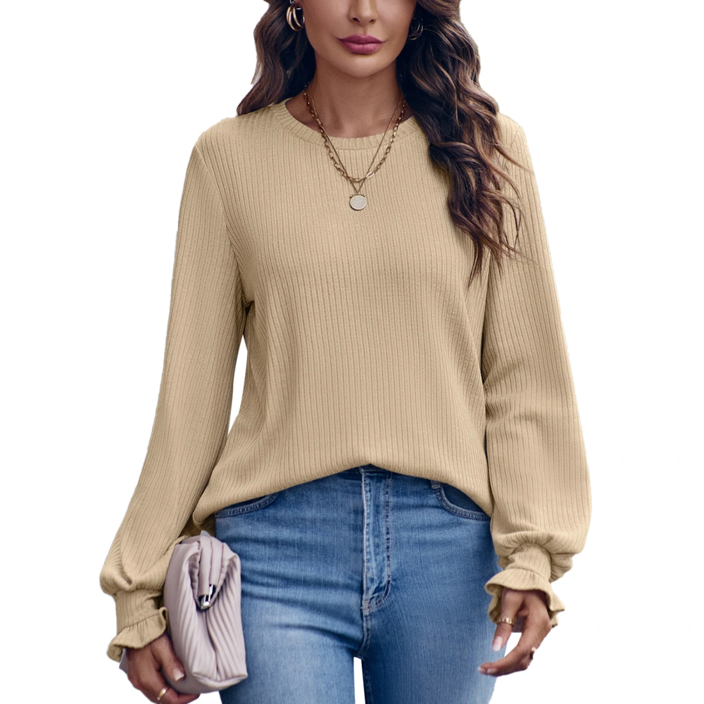 Frill Trim Long Sleeve Blouse Loose Fitted Round Neck Plain Color Frill Trim Blouse for Women Khaki XL