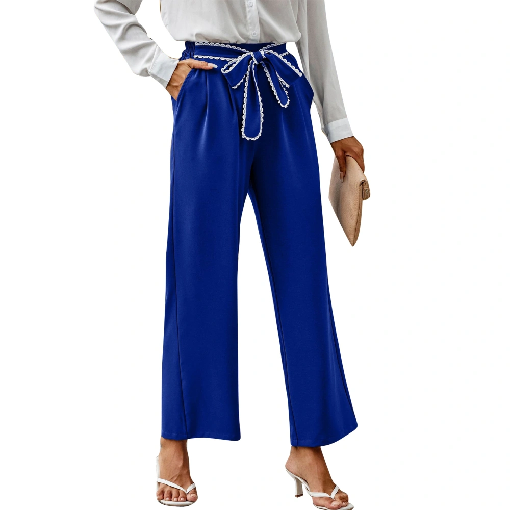 Wide Leg Pants Women Casual Elastic with Pocket Bow Tie Solid Color Polyester for Office Daily Life Blue S