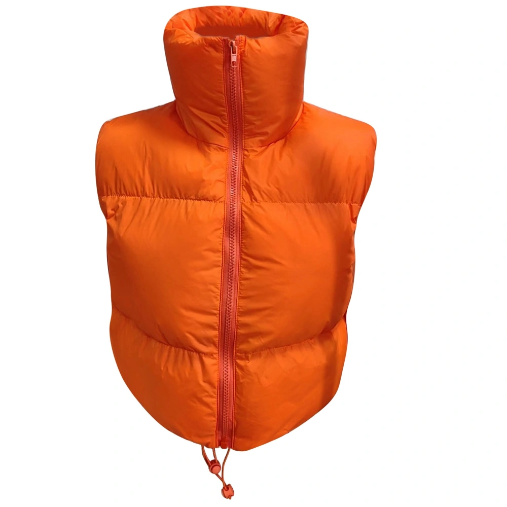 Women Winter Padded Vest Full Zip Up Stand Collar Lightweight Adjustable Drawstring Puffer Vest Orange XXL