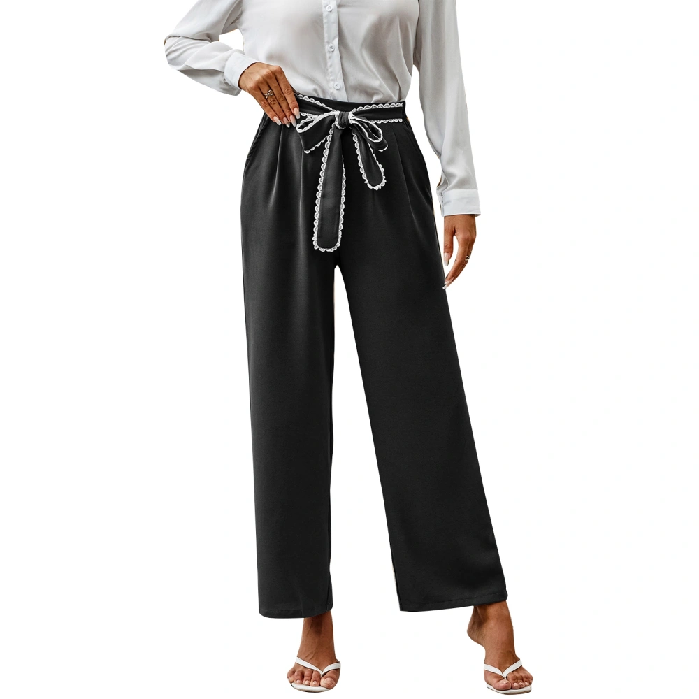 Wide Leg Pants Women Casual Elastic with Pocket Bow Tie Solid Color Polyester for Office Daily Life Black M