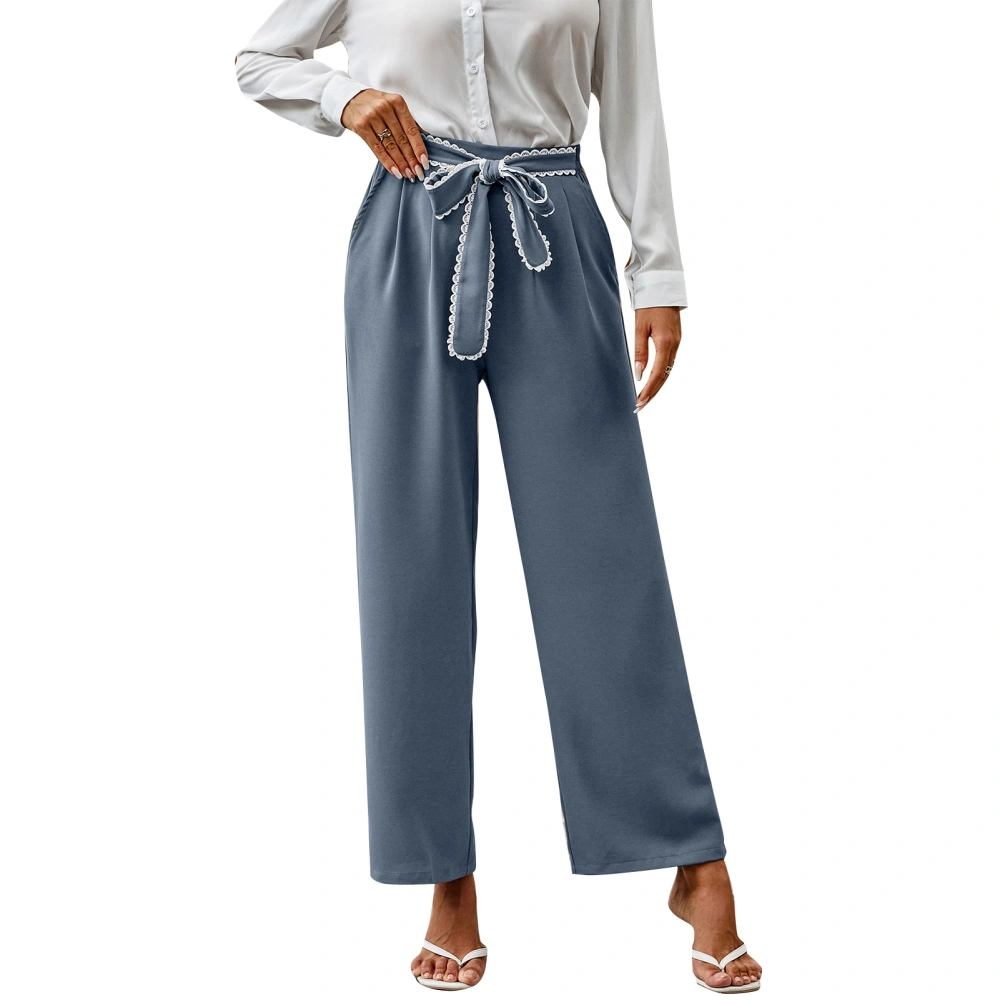 Wide Leg Pants Women Casual Elastic with Pocket Bow Tie Solid Color Polyester for Office Daily Life Grayish Blue XL