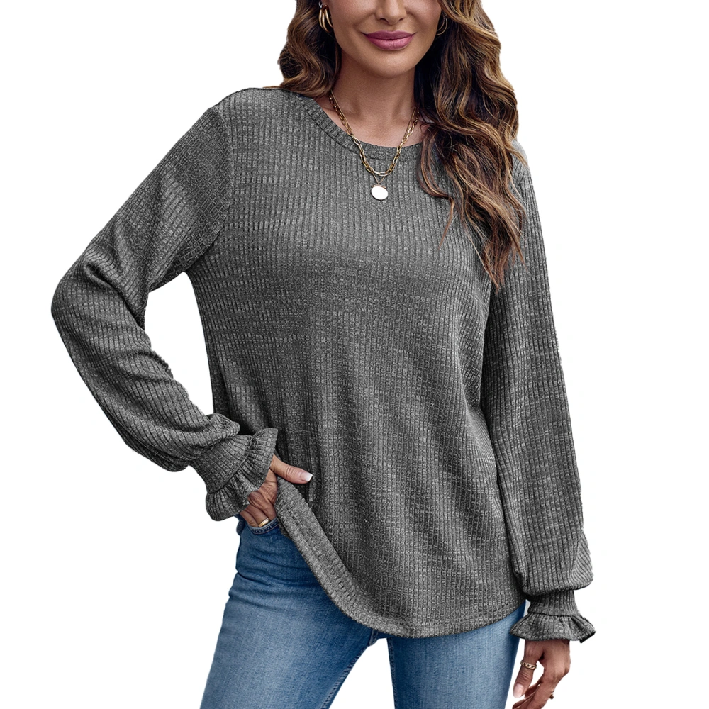 Frill Trim Long Sleeve Blouse Loose Fitted Round Neck Plain Color Frill Trim Blouse for Women Dark Gray XL