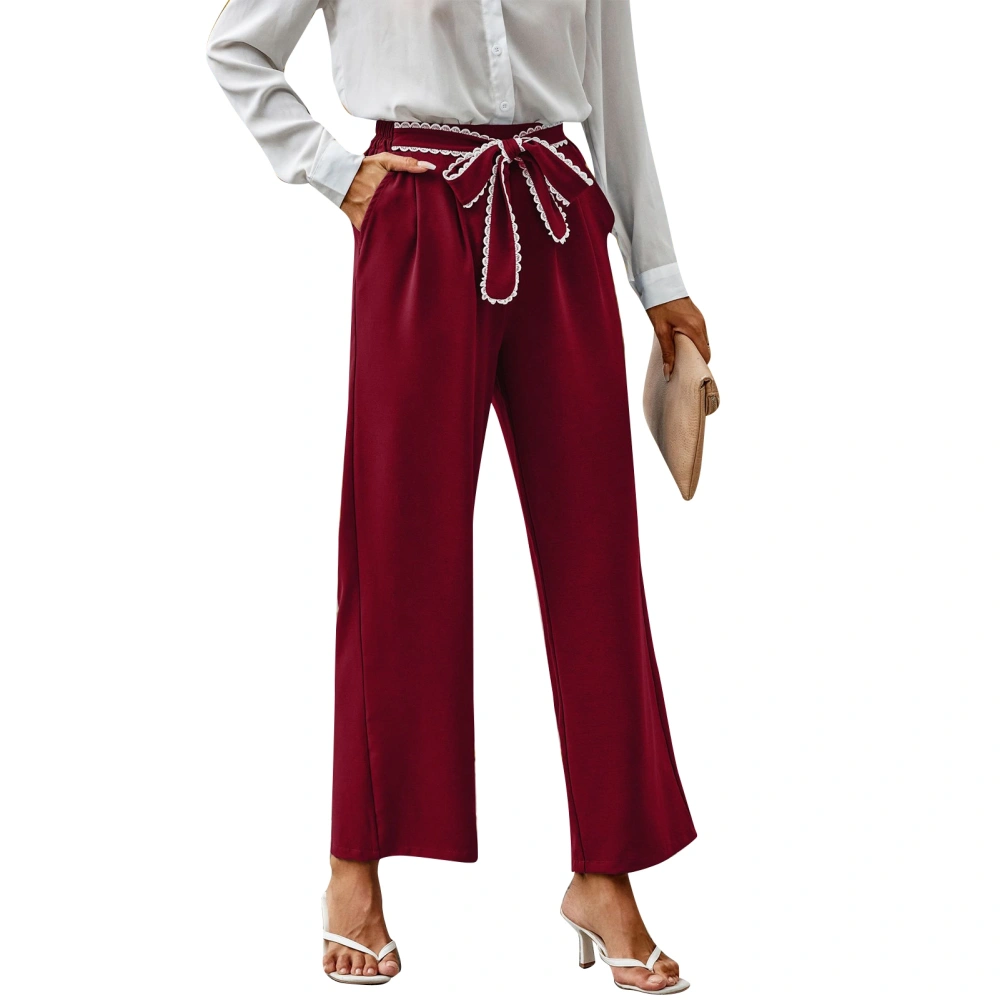 Wide Leg Pants Women Casual Elastic with Pocket Bow Tie Solid Color Polyester for Office Daily Life Wine Red XL