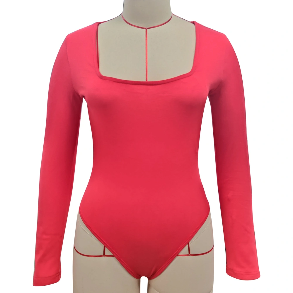 Women Long Sleeve Bodysuit Wide Neckline Buttoned Briefs Slim Fitting Bodysuit for Parties Red S