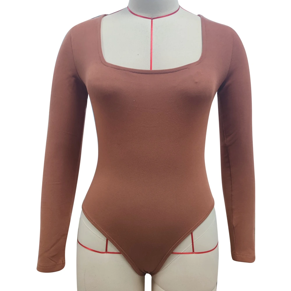 Women Long Sleeve Bodysuit Wide Neckline Buttoned Briefs Slim Fitting Bodysuit for Parties Coffee Color XL