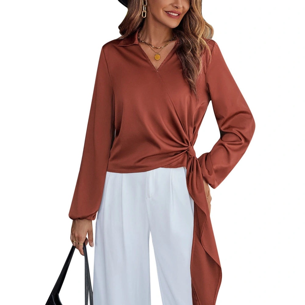 Women Long Sleeves Top Turn Down Collar Wrap V Neck Hem Tie Strap Loose Fitting Casual Blouse Brown M