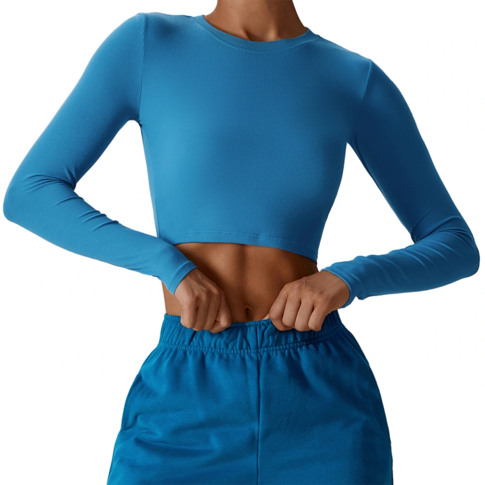 Long Sleeve Slim Yoga Top Short Navel Exposed Plain Color Slim Yoga Elastic Top for Running Sports Blue M