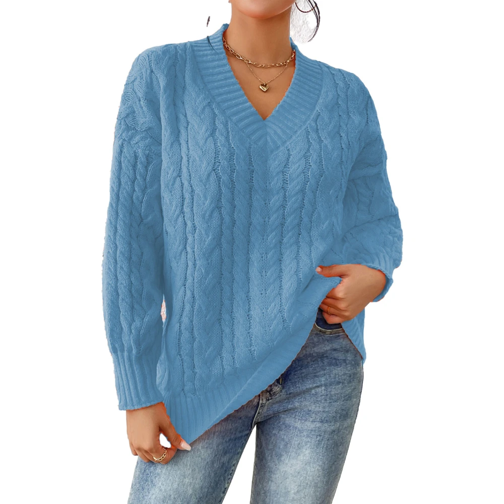 Women V Neck Sweater Cable Knit Long Sleeve Loose Fit Drop Shoulder Casual Fall Knit Top Blue L