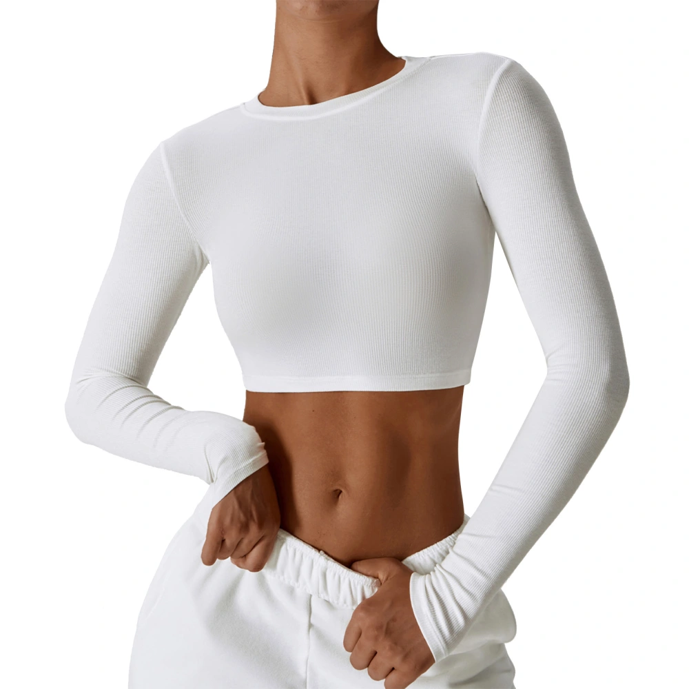 Long Sleeve Slim Yoga Top Short Navel Exposed Plain Color Slim Yoga Elastic Top for Running Sports White L