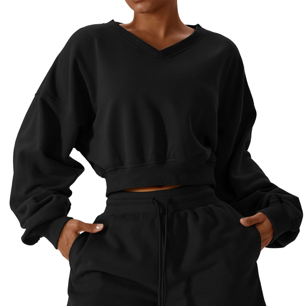 Women Long Sleeves Sweatshirt V Neck Keep Warm Casual Loose Fit Short Pullover Top for Outdoors Black M