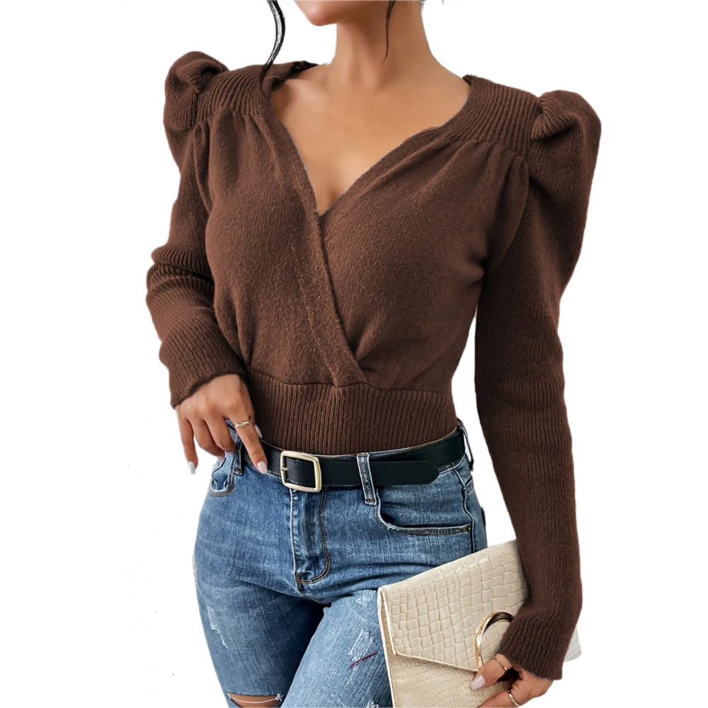 Wrap V Neckline Sweater Puff Sleeve Soft Plain Color Long Sleeve Sweater for Women Brown S