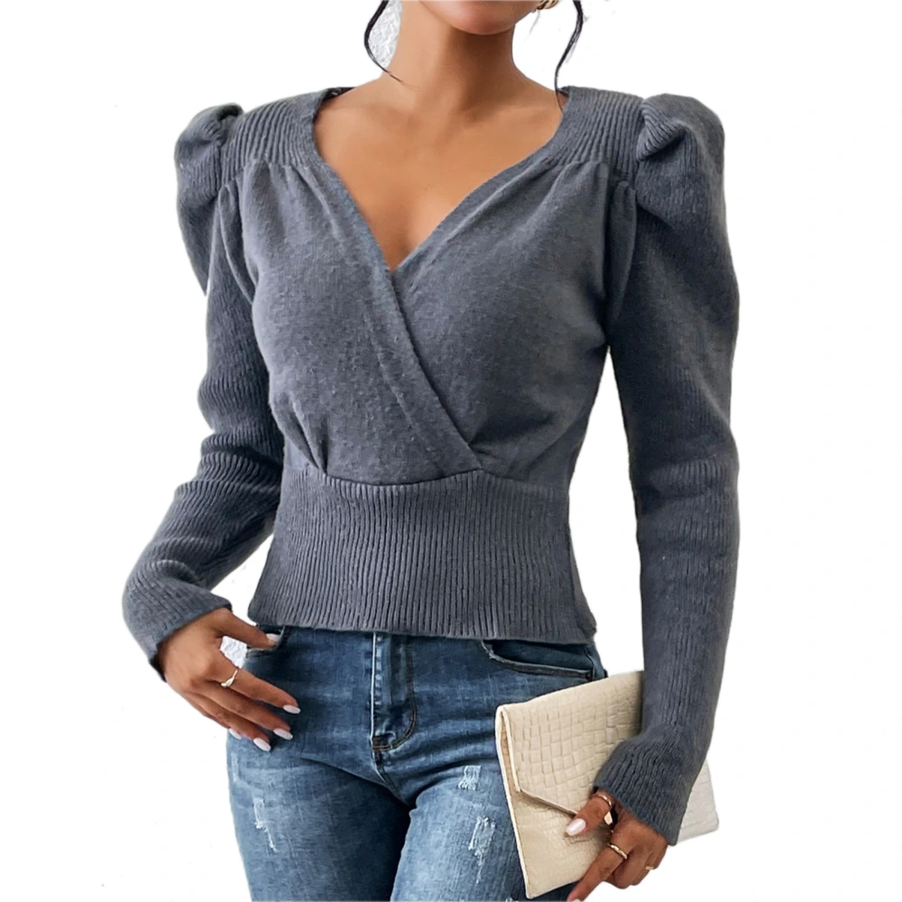 Wrap V Neckline Sweater Puff Sleeve Soft Plain Color Long Sleeve Sweater for Women Grey M