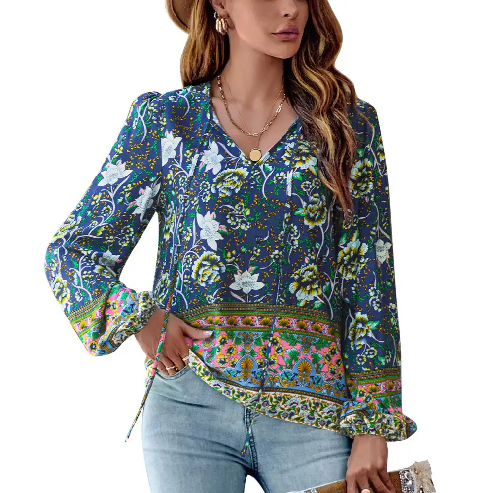 Women Puff Long Sleeve Blouse Floral Printed Tie V Neck Loose Fit Dressy Pullover Top Purplish Blue XL